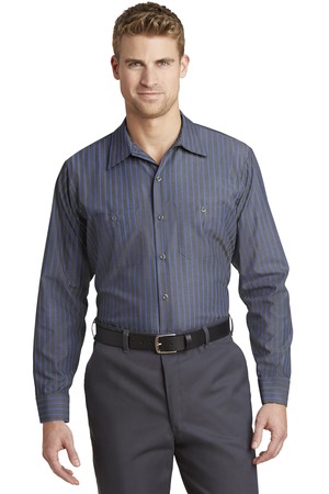 Red Kap Long Size Long Sleeve Striped Industrial Work Shirt. CS10LONG in Grey/ Blue