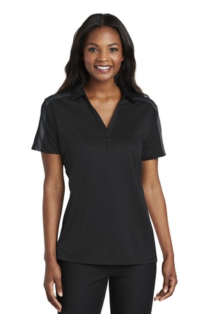 Port Authority Women's Silk Touch Performance Colorblock Stripe Polo. L547 in Black/ Steel Grey