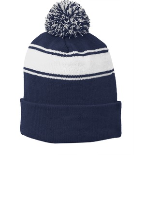 Sport-Tek STC28 Stripe Pom Pom Beanie in True Navy/ White