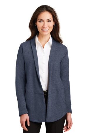 Port Authority L807 Women's Interlock Cardigan in Estate Blue Heather/ Charcoal Heather