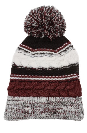 Sport-Tek STC21 Pom Pom Team Beanie in Maroon/ Black/ White