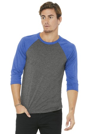 BELLA+CANVAS BC3200 Unisex 3/4-Sleeve Baseball Tee in Grey/ True Royal Triblend