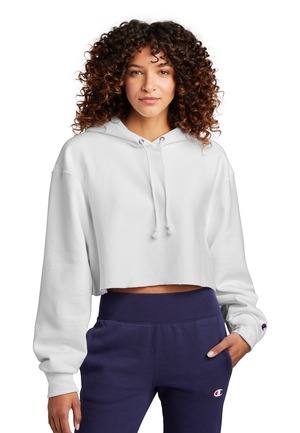 Champion RW01W Women's Reverse Weave Cropped Cut-Off Hooded Sweatshirt in White