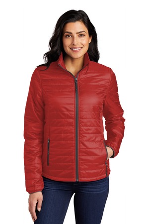 Port Authority L850 Women's Packable Puffy Jacket in Fire Red/ Graphite