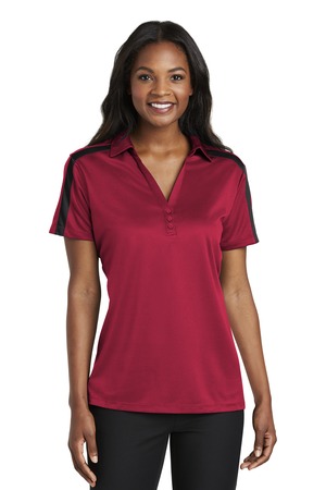 Port Authority L547 Women's Silk Touch Performance Colorblock Stripe Polo in Red/ Black
