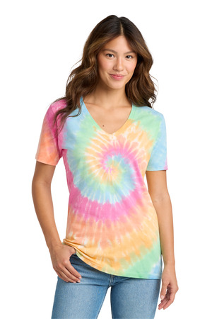 Port & Company LPC147V Women's Tie-Dye V-Neck Tee in Pastel Rainbow