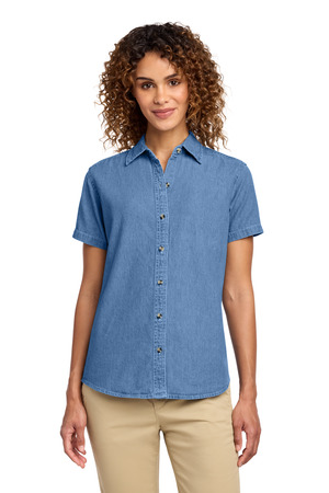 Port & Company LSP11 Women's Short Sleeve Value Denim Shirt in Faded Blue