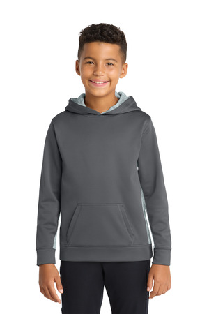 Sport-Tek YST239 Youth Sport-Wick CamoHex Fleece Colorblock Hooded Pullover in Dark Smoke Grey/ White