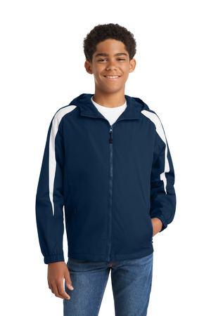 Sport-Tek YST81 Youth Fleece-Lined Colorblock Jacket in True Navy/ White