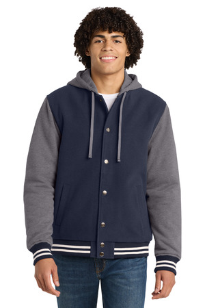 Sport-Tek JST82 Insulated Letterman Jacket in True Navy/ Vintage Heather