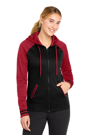 Sport-Tek LST236 Women's Sport-Wick Varsity Fleece Full-Zip Hooded Jacket in Black/ Deep Red