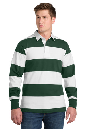 Sport-Tek ST301 Classic Long Sleeve Rugby Polo in Forest Green/ White
