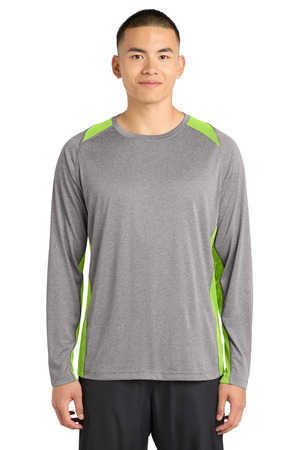 Sport-Tek ST361LS Long Sleeve Heather Colorblock Contender Tee in Vintage Heather/ Lime Shock