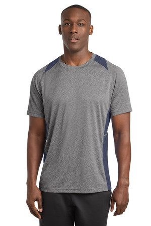 Sport-Tek ST361 Heather Colorblock Contender Tee in Vintage Heather/ True Navy