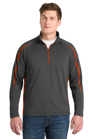 Sport-Tek ST851 Sport-Wick Stretch 1/4-Zip Colorblock Pullover in Charcoal Grey/ Deep Orange