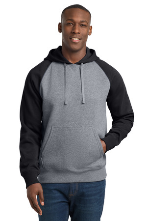 Sport-Tek ST267 Raglan Colorblock Pullover Hooded Sweatshirt in Black/ Vintage Heather