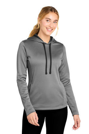 Sport-Tek LST264 Women's PosiCharge Sport-Wick Heather Fleece Hooded Pullover in Black Heather