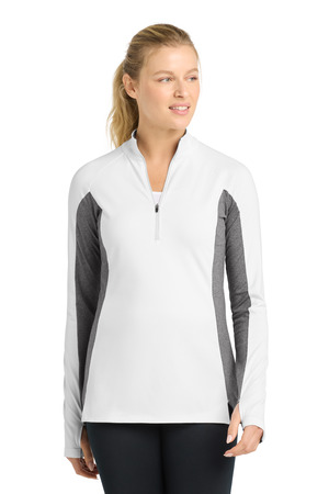 Sport-Tek LST854 Women's Sport-Wick Stretch Contrast 1/4-Zip Pullover in White/ Charcoal Grey Heather