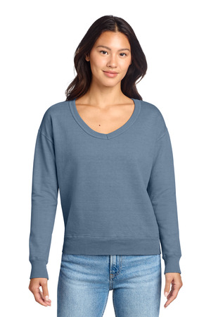 Port & Company LPC098V Women's Beach Wash Garment-Dyed V-Neck Sweatshirt in Faded Denim