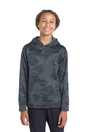 Sport-Tek YST240 Youth Sport-Wick CamoHex Fleece Hooded Pullover in Dark Smoke Grey