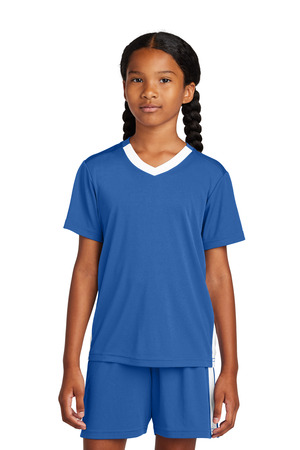 Sport-Tek YST101 Youth Competitor United V-Neck in True Royal/ White