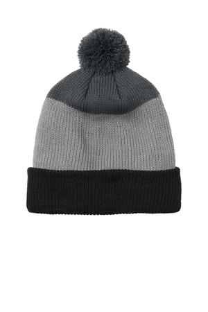 Port Authority C979 Cozy Striped Pom Beanie in Deep Black/ Gusty Grey/ Storm Grey