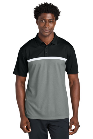 Sport-Tek ST741 UV Micropique Colorblock Polo in Black/ Grey Concrete Heather/ White