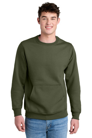 Port & Company PC78PKT Core Fleece Crewneck Pocket Sweatshirt in Olive Drab Green