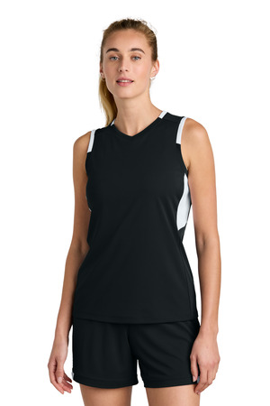 Sport-Tek LST441 Women's Club Sleeveless V-Neck in Black/ White
