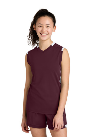 Sport-Tek YST441 Youth Club Sleeveless V-Neck in Maroon/ White