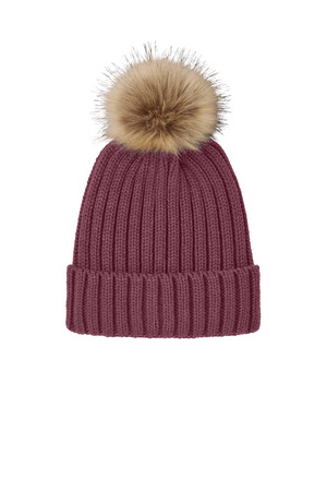 Port Authority C990 Faux Fur Pom Beanie in Rosewood
