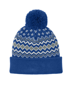 Port Authority C991 Alpine Pom Beanie in True Royal/ Gusty Grey/ Marshmallow