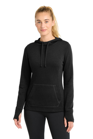 Sport-Tek LST296 Women's PosiCharge Tri-Blend Wicking Fleece Hooded Pullover in Black Triad Solid