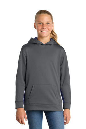 Sport-Tek YST235 Youth Sport-Wick Fleece Colorblock Hooded Pullover in Dark Smoke Grey/ Navy