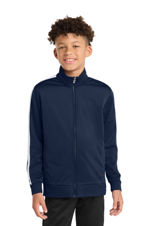 Sport-Tek YST94 Youth Tricot Sleeve Stripe Track Jacket in True Navy/ White