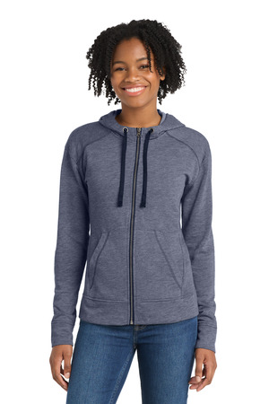 Sport-Tek LST293 Women's PosiCharge Tri-Blend Wicking Fleece Full-Zip Hooded Jacket in True Navy Heather