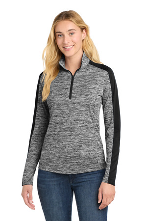 Sport-Tek LST397 Women's PosiCharge Electric Heather Colorblock 1/4-Zip Pullover in Black Electric/ Black