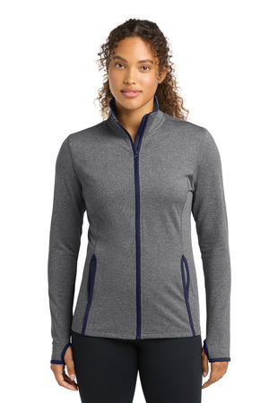 Sport-Tek LST853 Women's Sport-Wick Stretch Contrast Full-Zip Jacket in Charcoal Grey Heather/ True Navy