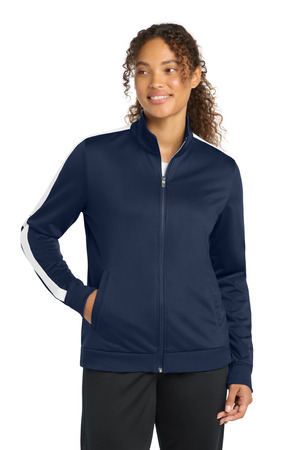 Sport-Tek LST94 Women's Tricot Sleeve Stripe Track Jacket in True Navy/ White