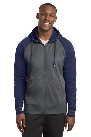 Sport-Tek ST236 Sport-Wick Varsity Fleece Full-Zip Hooded Jacket in Dark Smoke Grey/ Navy