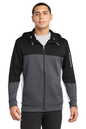 Sport-Tek ST245 Tech Fleece Colorblock Full-Zip Hooded Jacket in Black/ Graphite Heather/ White