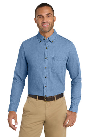 Port & Company SP10 Long Sleeve Value Denim Shirt in Faded Blue
