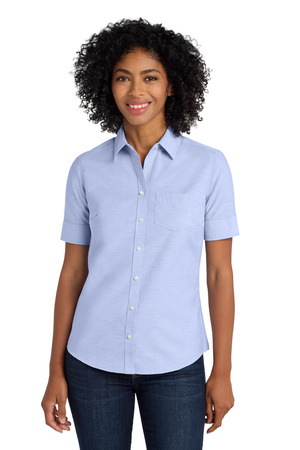 Port Authority L659 Women's Short Sleeve SuperPro Oxford Shirt in Oxford Blue