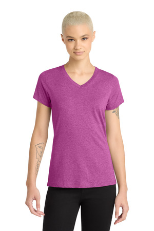 District DM1190L Women's Perfect Blend CVC V-Neck Tee in Heathered Pink Raspberry