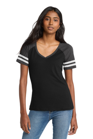 District DM476 Women's Game V-Neck Tee in Black/ Heathered Charcoal