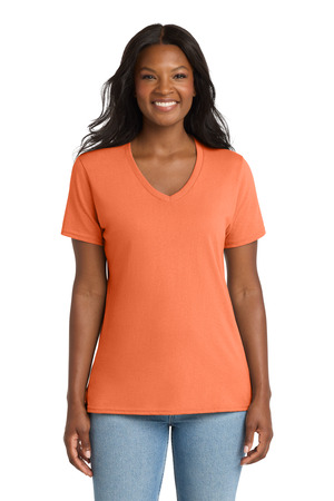 Port & Company LPC54V Women's Core Cotton V-Neck Tee in Neon Orange
