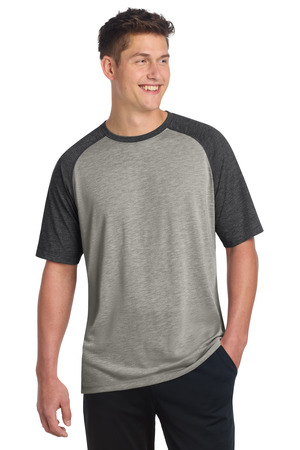 Sport-Tek ST400 PosiCharge Tri-Blend Wicking Raglan Tee in Dark Grey Heather/ Light Grey Heather