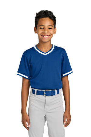 Sport-Tek YST221 Youth Tough Mesh V-Neck Baseball Jersey in True Royal