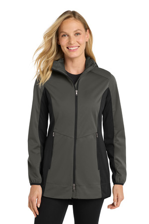 Port Authority L719 Women's Active Hooded Soft Shell Jacket in Grey Steel/ Deep Black