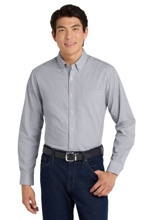 Port Authority W644 Broadcloth Gingham Easy Care Shirt in Gusty Grey/ White
